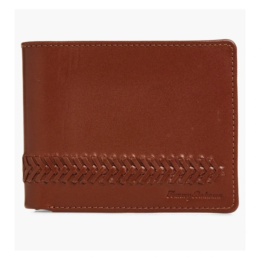 NWB Tommy Bahama Men's Tan LEATHER Lace Details‎ Bifold Wallet Gift